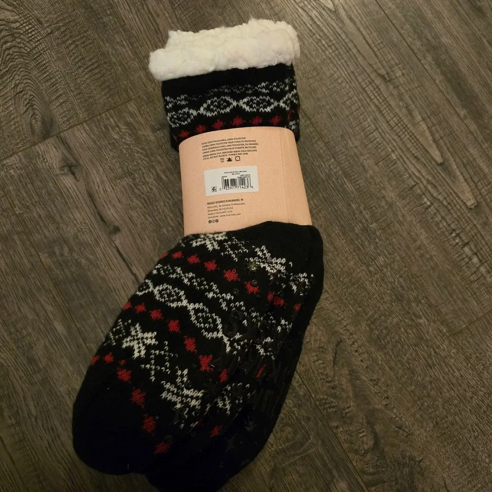 Muk Luks Women 2 Pack Tall Cabin Socks Buffalo Plaid Fair Isle Faux Fur Lined OS